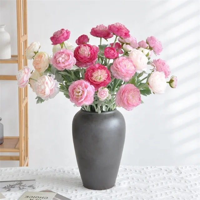 3-Headed Foldable Artificial Silk Ranunculus Flower Pink and White for Christmas Wedding Decorations Home Party Centerpieces