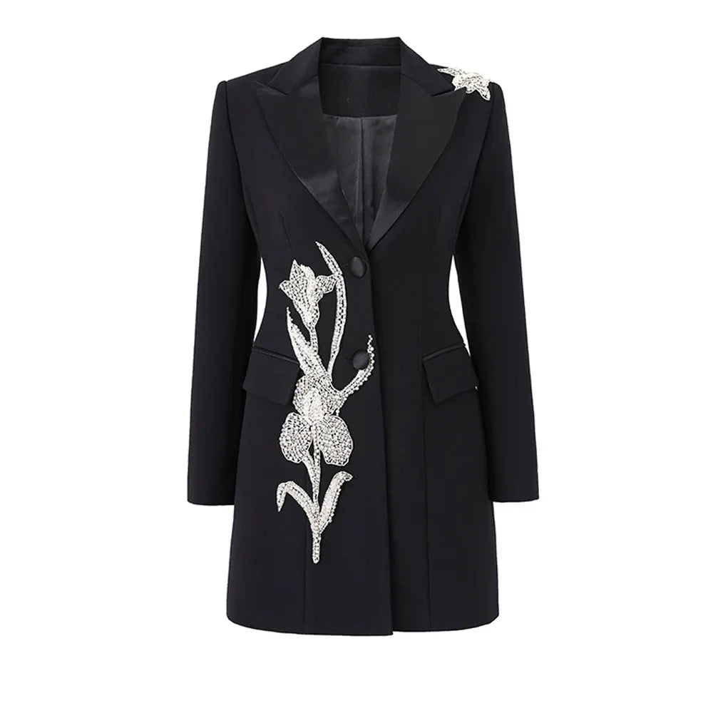 2025 Spring Fine Workmanship Beading Flower Two Buttons Long Sleeve Women Office Solid Blazer Short Mini Notched Jackets