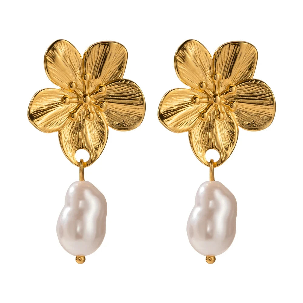 Fashion 18k Gold Plated Stainless Steel Flower Stud Earring for Women Fashion Geometric Baroque Fresh Water Pearl Drop Earrin