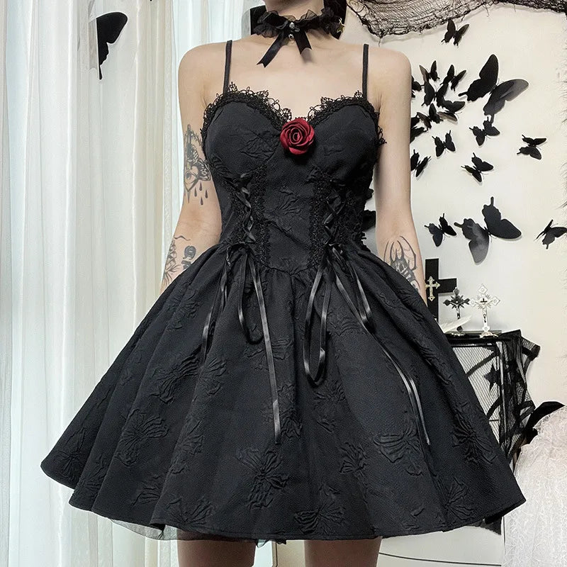 Tie Mall Gothic Elegant Women Mini A-Line Solid Dress Grunge Aesthetic Emo Breathable Eco-Friendly High Street Black Party Al