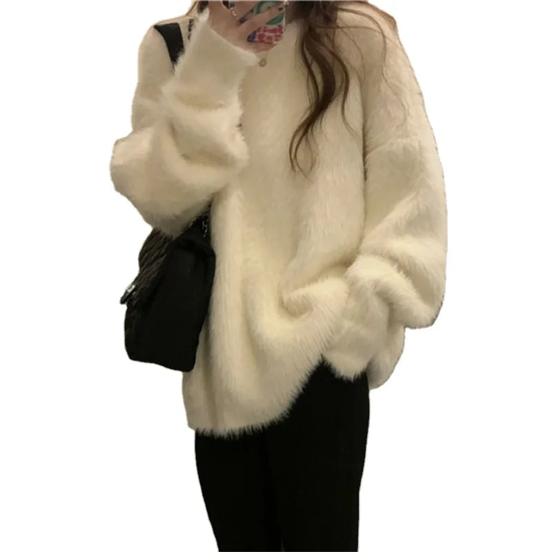 Women's New Loose Pullover Sweater Velvet Collar Knitted Long Warm Coat Spring and Fall Lazy Wind Style