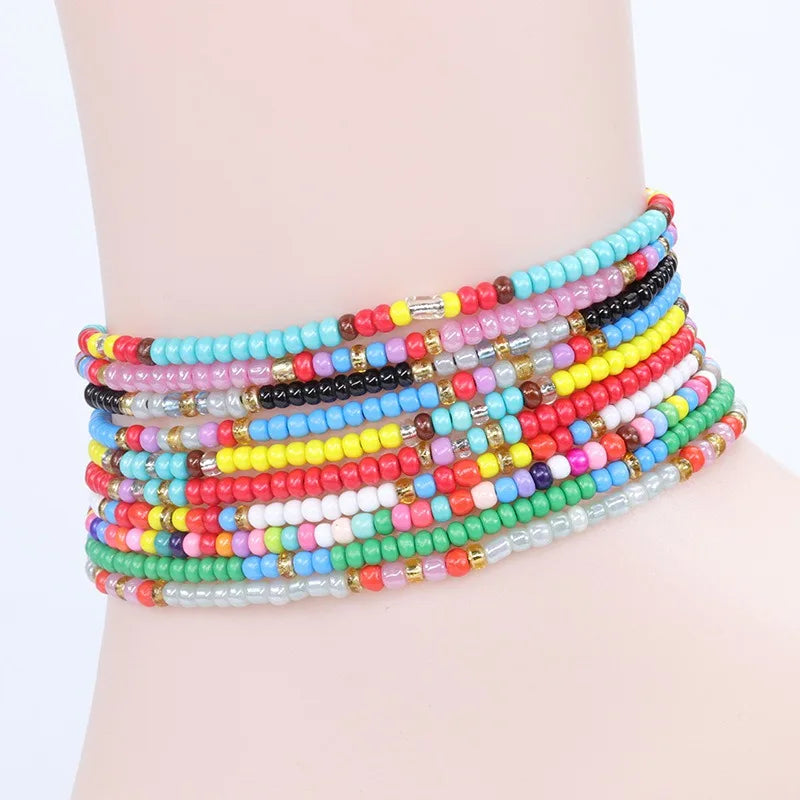 Bohemian Summer Beach Colorful Seed Bead Wax Rope Adjustable Bracelet Braided Wax String Friendship Anklet Bracelet for Women