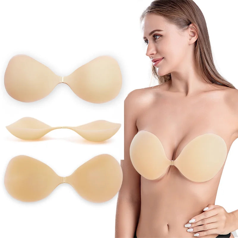 Women's Sexy Push-Up Seamless Silicone Bra Big Cup Thin Matte Reusable Front One-Piece Adhesive Design Gathering Style Bras