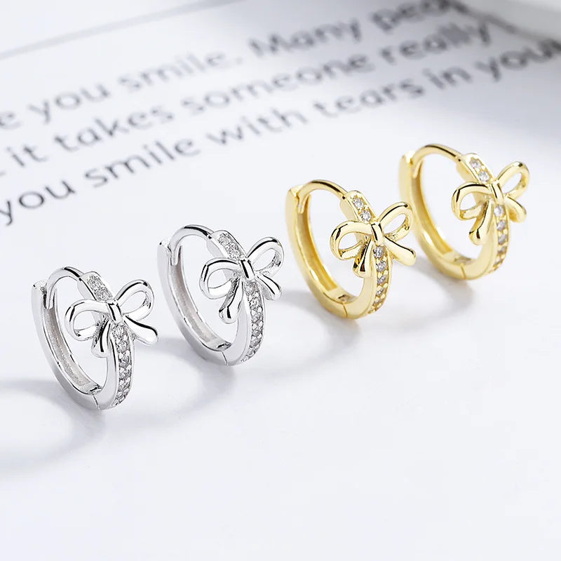 Fashion Jewelry Earrings 925 Sterling Silver Bow Zircon Earring Bowknot Gold Plated Hoop Earrings for Women