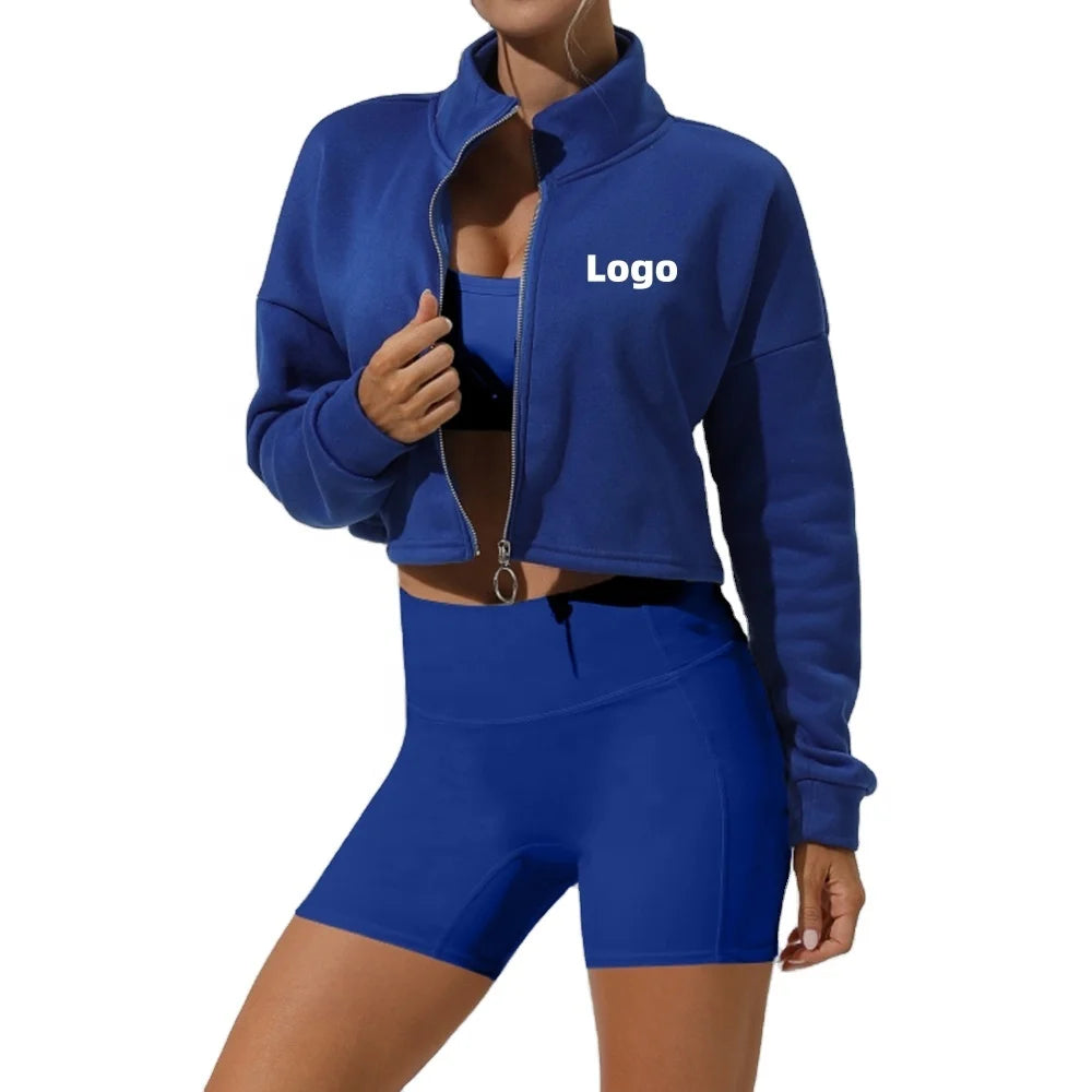 Women's Zip up Jacket Cropped Length Cotton Polyester Jacket Track Gym Workout Zippered Tops