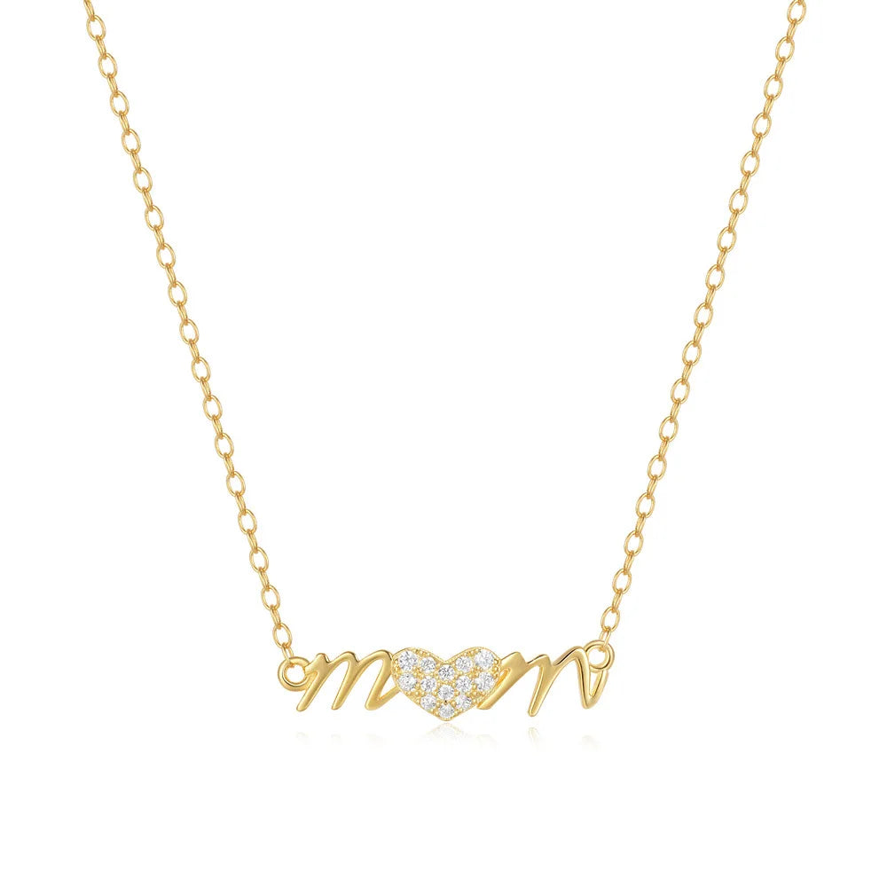 Fashion Jewelry 925 Sterling Silver Letter Mom Mum Heart Zircon Necklace Mommy Gold Plated Necklaces for Women Mother's Day