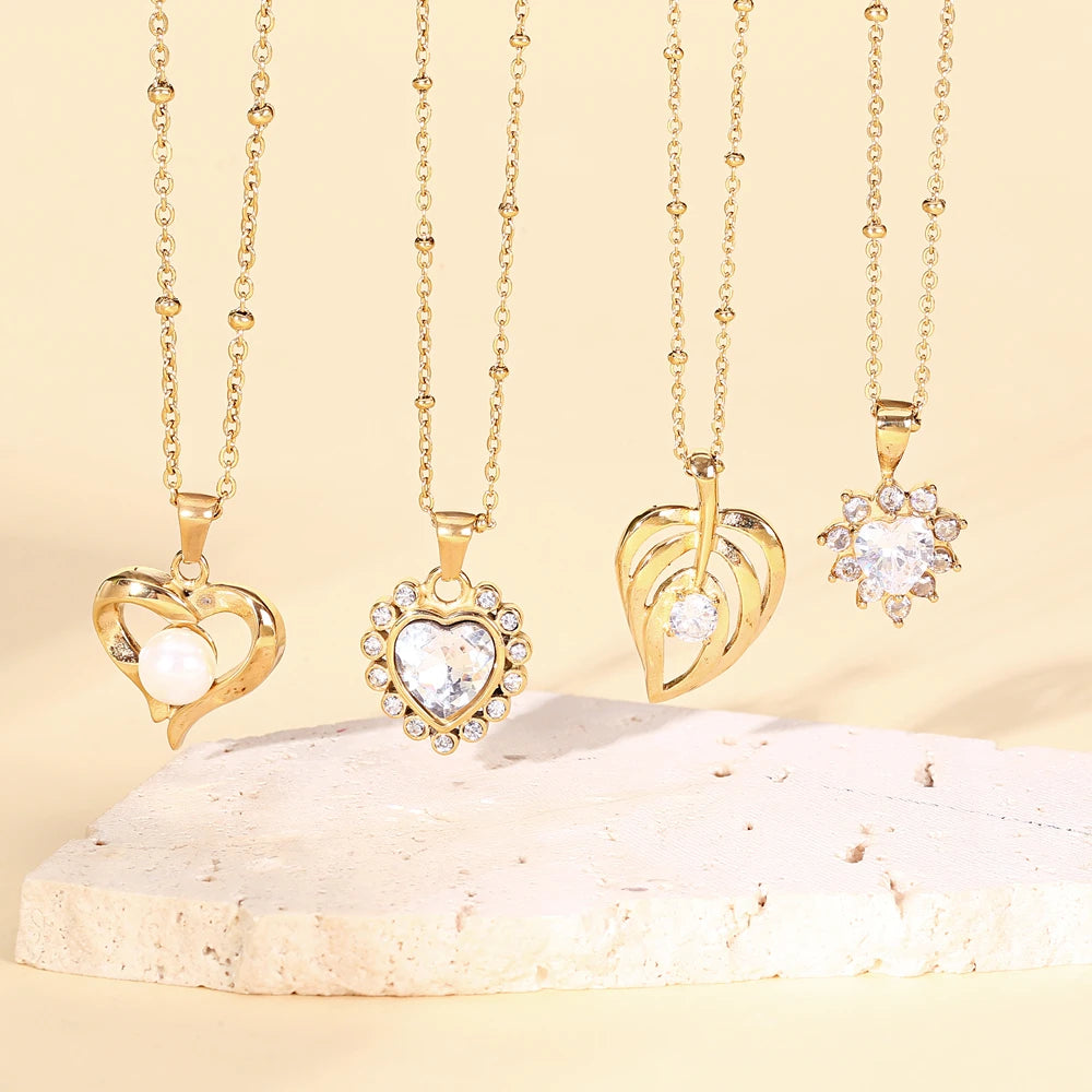 Luxury Stainless Steel Gemstone Heart Crystal Pendant Necklace 18K PVD Gold Plated Hypoallergenic Trendy Styling for Engageme