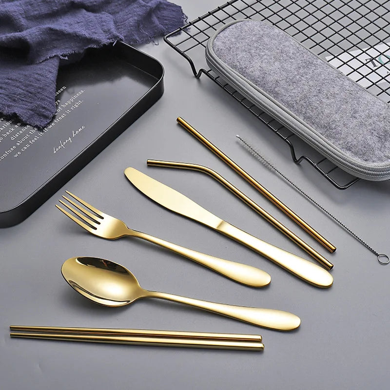 Portable Stainless Steel Cutlery for Outdoor Picnics Flatware Chopsticks and Straws 8-Piece Set With Zipper Bag