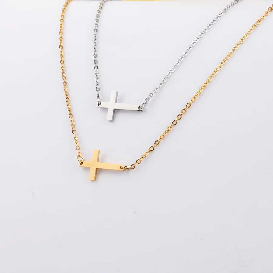 Simple Trendy Everyday Jewelry 18K Gold Plated Cute Cross Pendant Choker Necklaces for Women