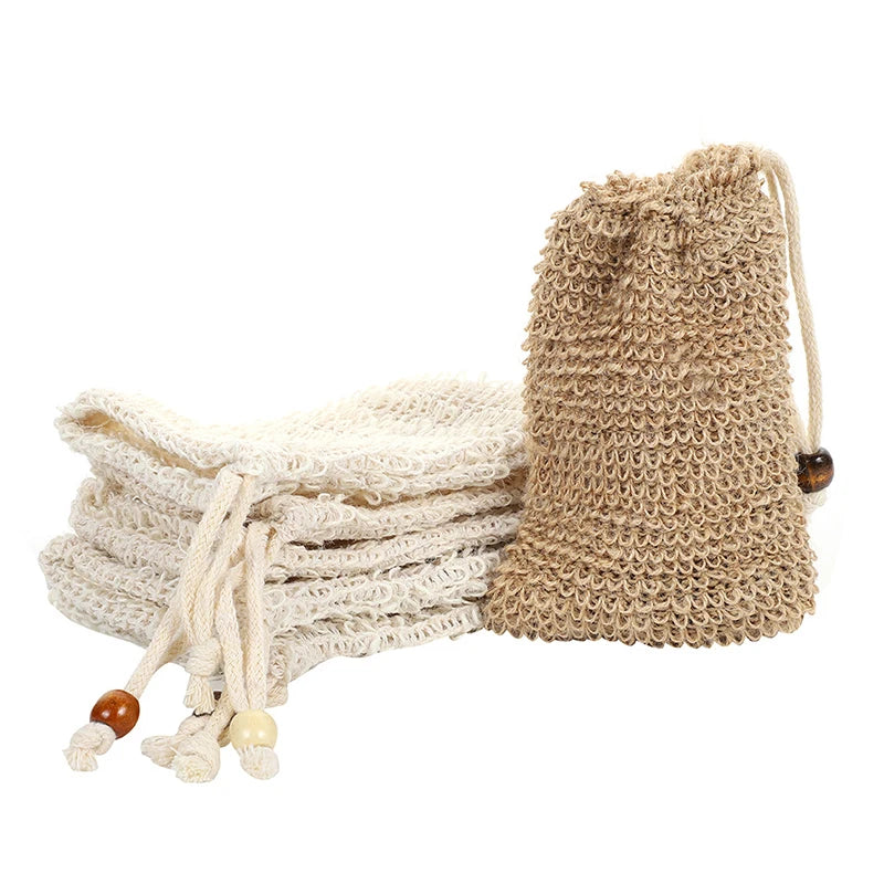 Custom Label Logo Drawstring Soap Bag Natural Cotton Mesh Sisal Material Eco-Friendly Packaging & Printing