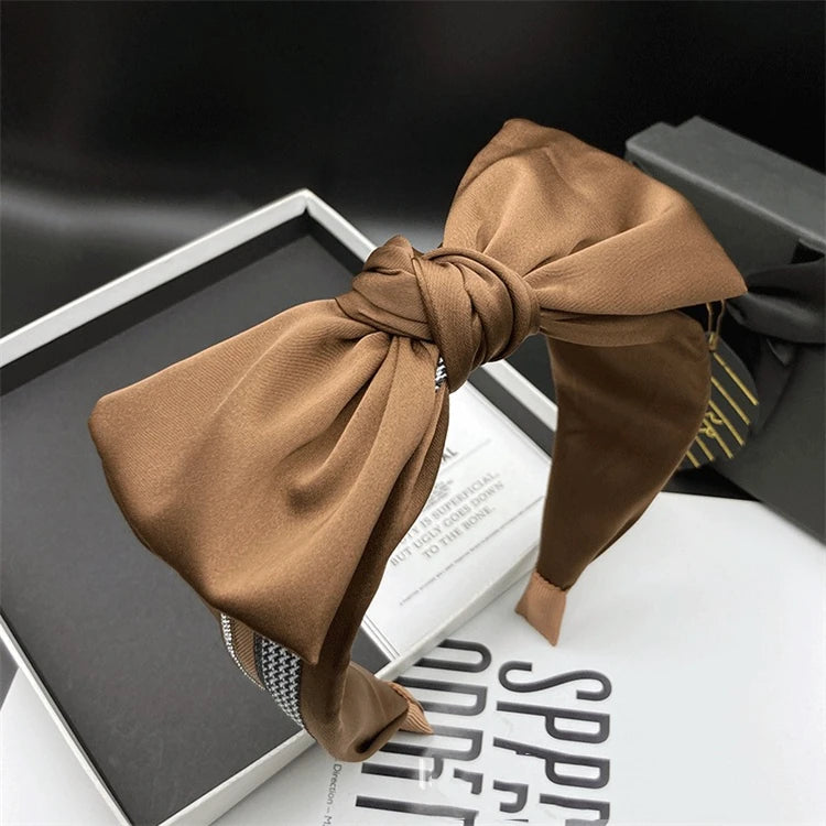 Fashion Pu Leather Big Bowknot Hair Hoop Large Bow Headwraps With Simply Houndstooth Cotton