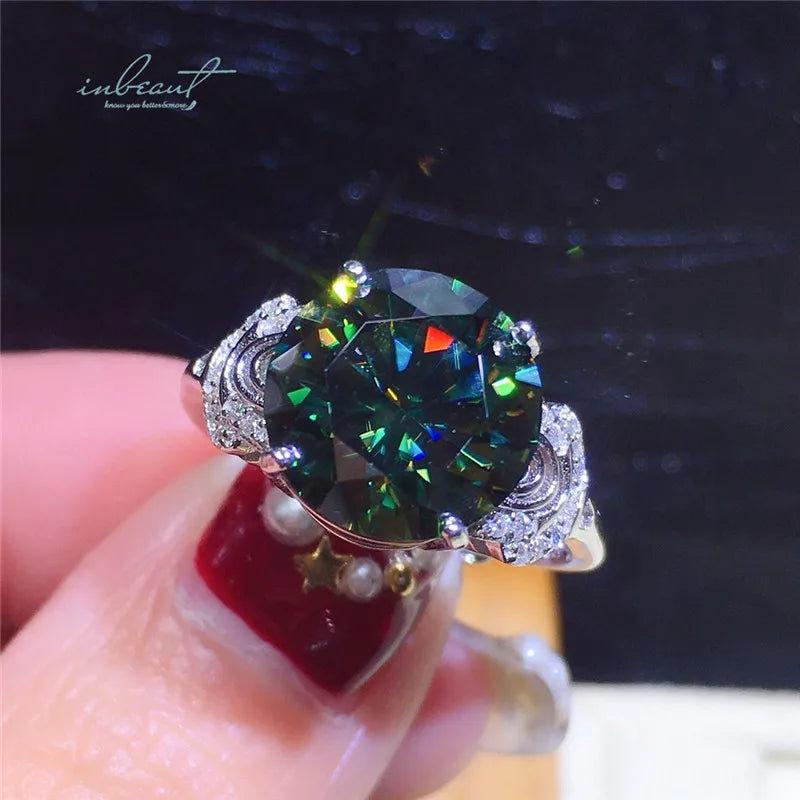 Silver 925 Original 6 Carat Round Brilliant Cut Diamond Test Past Blue&Green Moissanite Wedding Ring for Women Gift Fine Jewe