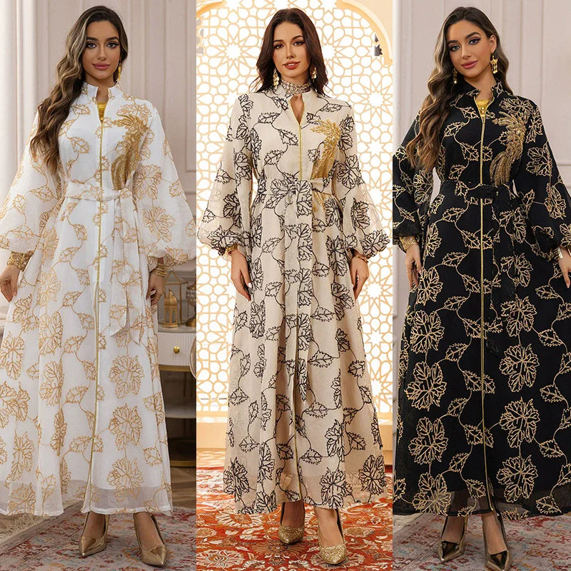 S-XXL Middle East New Women's Hot Diamond Lace Robe Muslim Satin Jacquard Dress V-neck Long Sleeved Robe