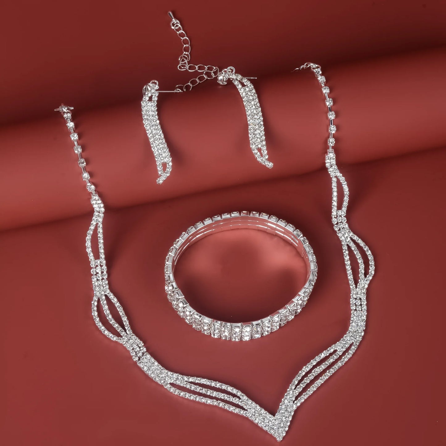 Luxury Classic Bling Full Crystal Eco-Friendly Jewelry Set Women Silver Color Earrings Bracelet Necklace Engagement Wedding G