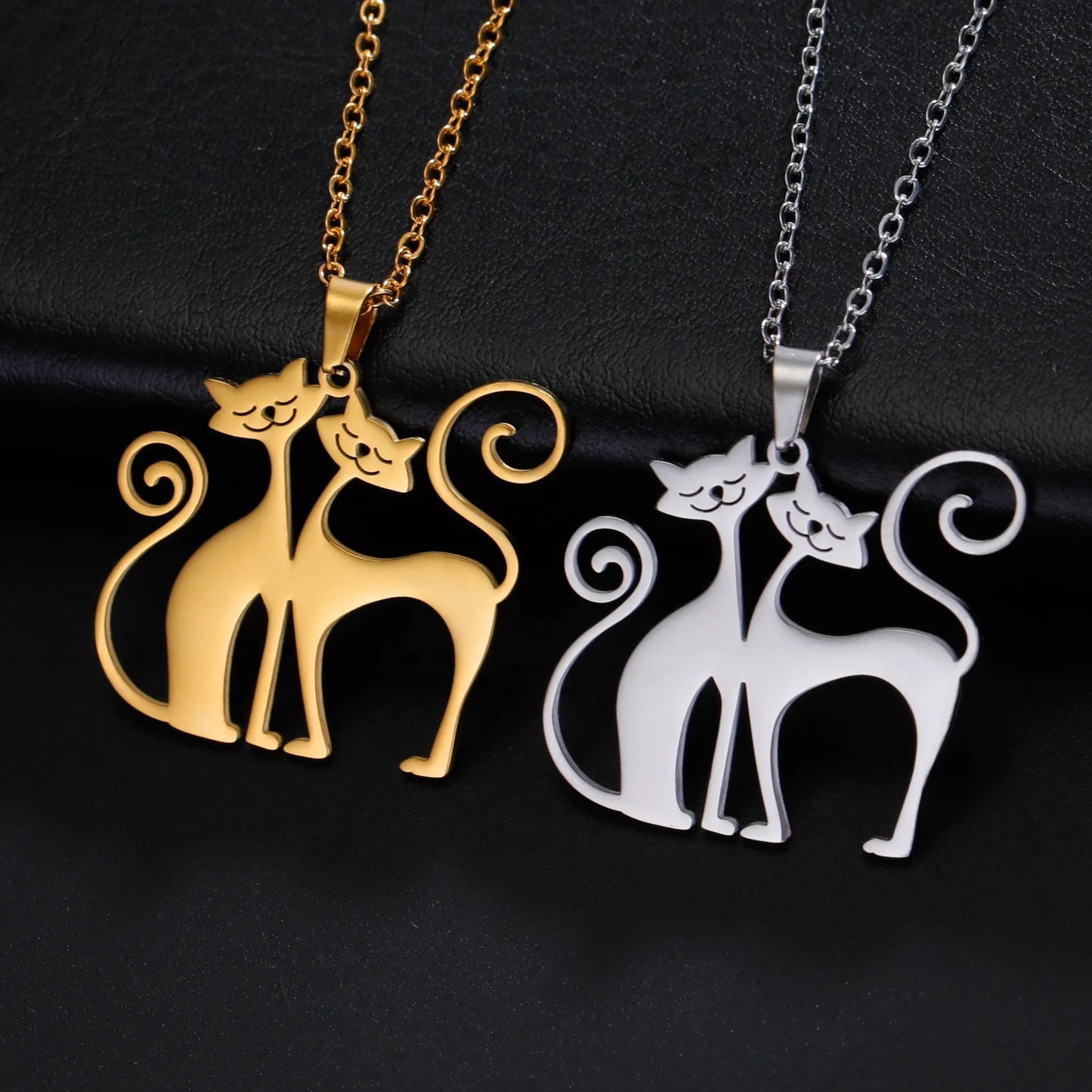 Couple Best Friend Cat Pendant Necklace Cute Funny Animal Neck Stainless Steel Link for Anniversary Birthday Wholesale Jewelr