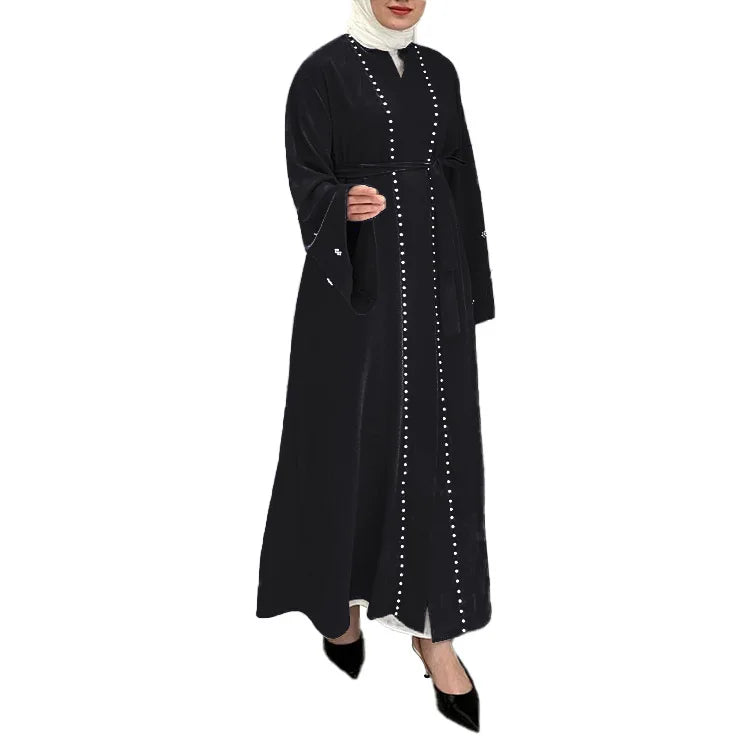 Plain Color Nail Pearls Long Style Cuff Decoration Flower Closed Abaya Women Muslim Dress for Dubai Eid