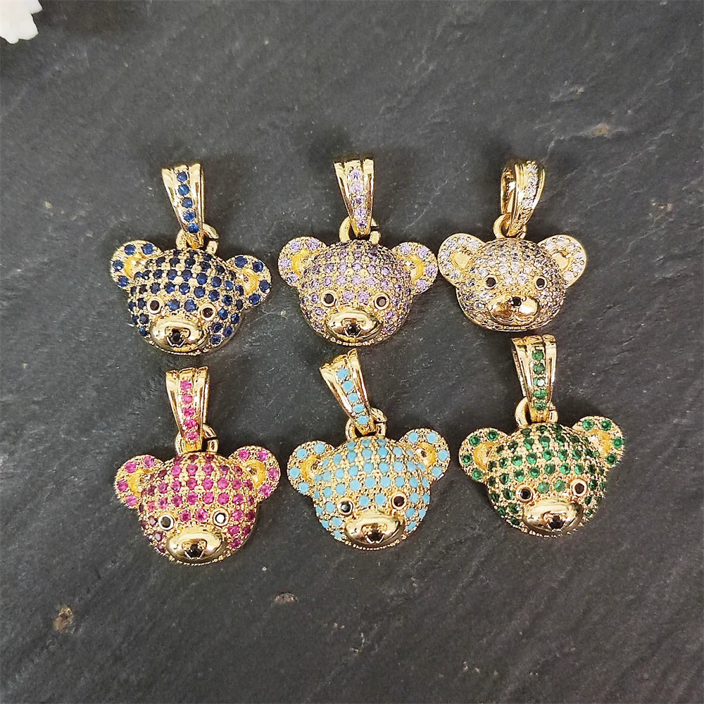 Winter New18K Gold Cute Animal Head Bear Charms Necklace Colorful Zircon Pendants for Necklace Bracelet Jewelry Making