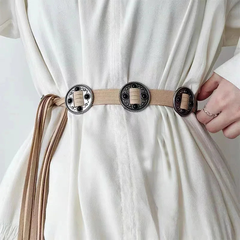 Ethnic Style Microfiber Leather String Round Plaque Belt Bohemian Imitation Leather Tassel Decorative Waist Belt