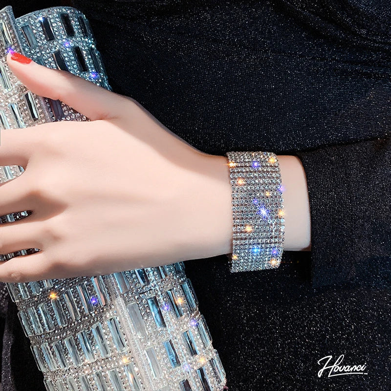 HOVANCI Shiny Full Rhinestone Diamond Elastic Adjustable Bracelet Multi Row Crystal Bling Wristband Women Wedding Bridal Jewe
