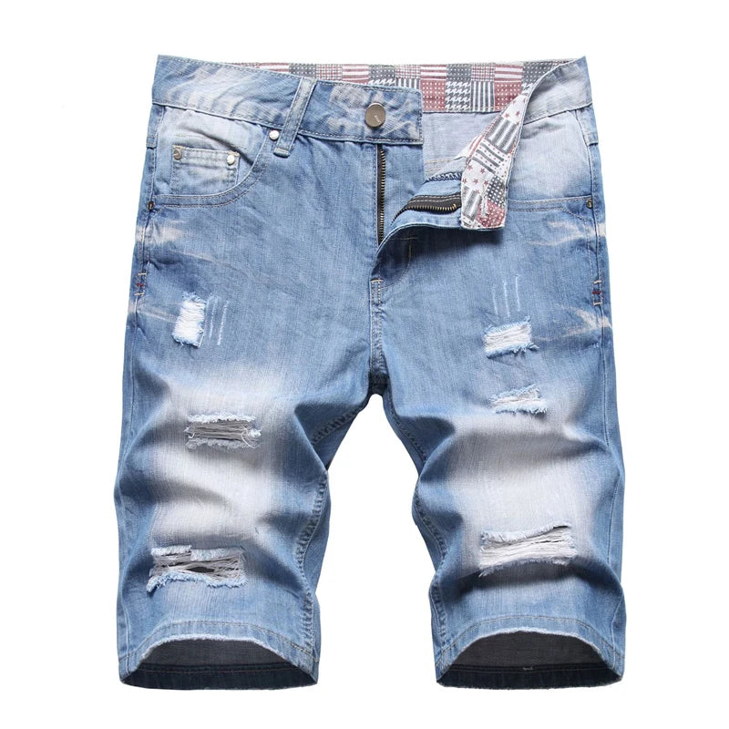 American Street Style Customize Ripped Korean Version of the Trendy Trousers Loose Straight Print Men's Five-point Jeans
