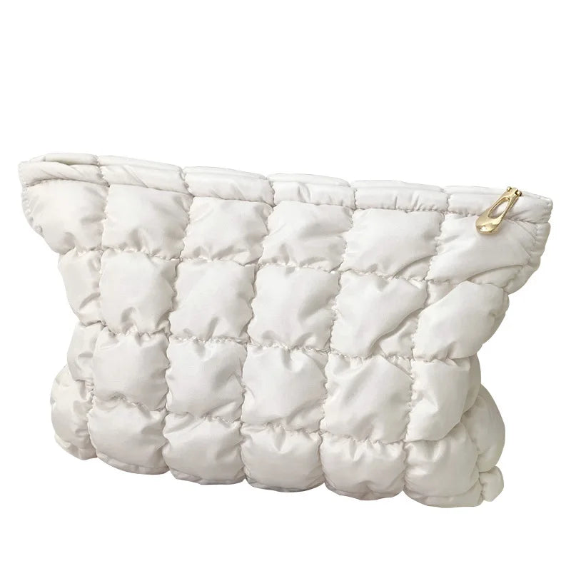 New Custom Logo Puffy Makeup Pouch Travel Soft Plain Padded Nylon Quilted Puffer Make up Cosmetic Bag