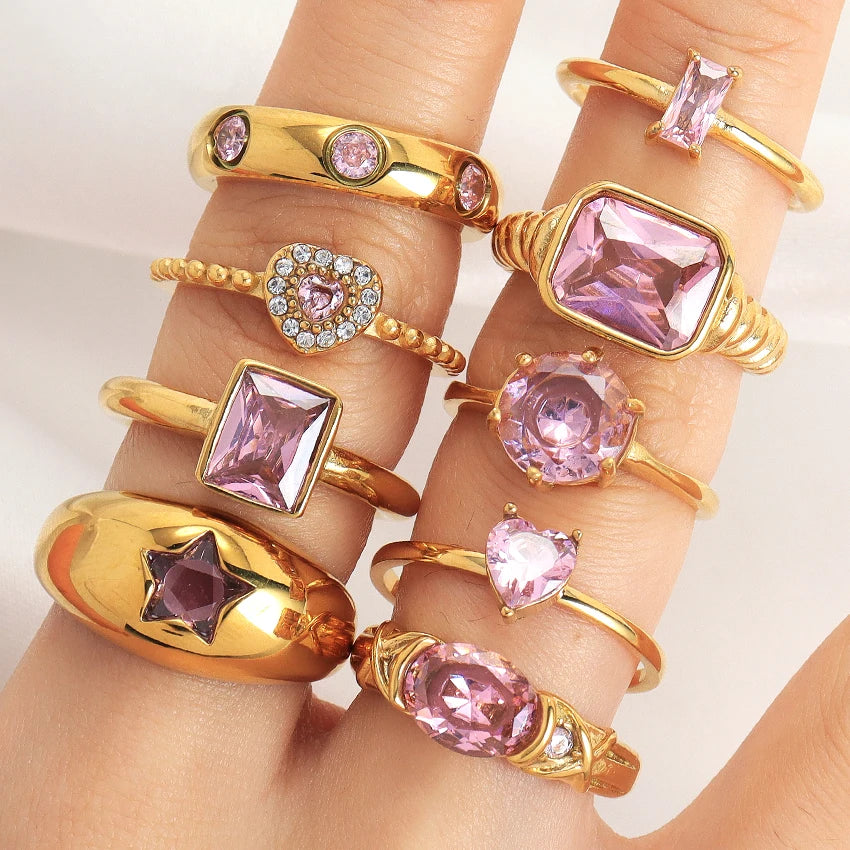 Fine Jewelry Eternity Pink Ring Multi Style Diamond CZ Cute Heart Stone Ring Valentine Promise Engagement Wedding Baguette Ri