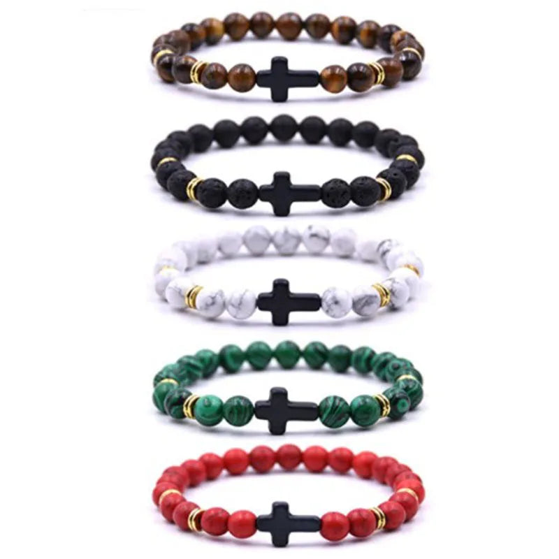 SC Wholesale Bohemian Colorful Agate Bead Bracelet Vintage Natural Stone Bracelet Fashion Retro Cross Bracelet for Women