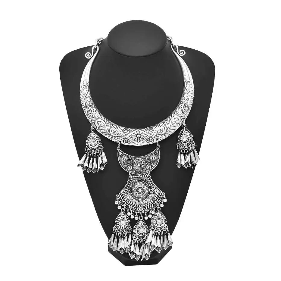 Ethnic Women Necklace Vintage Carved Alloy Tassel Statement Chokers Necklaces