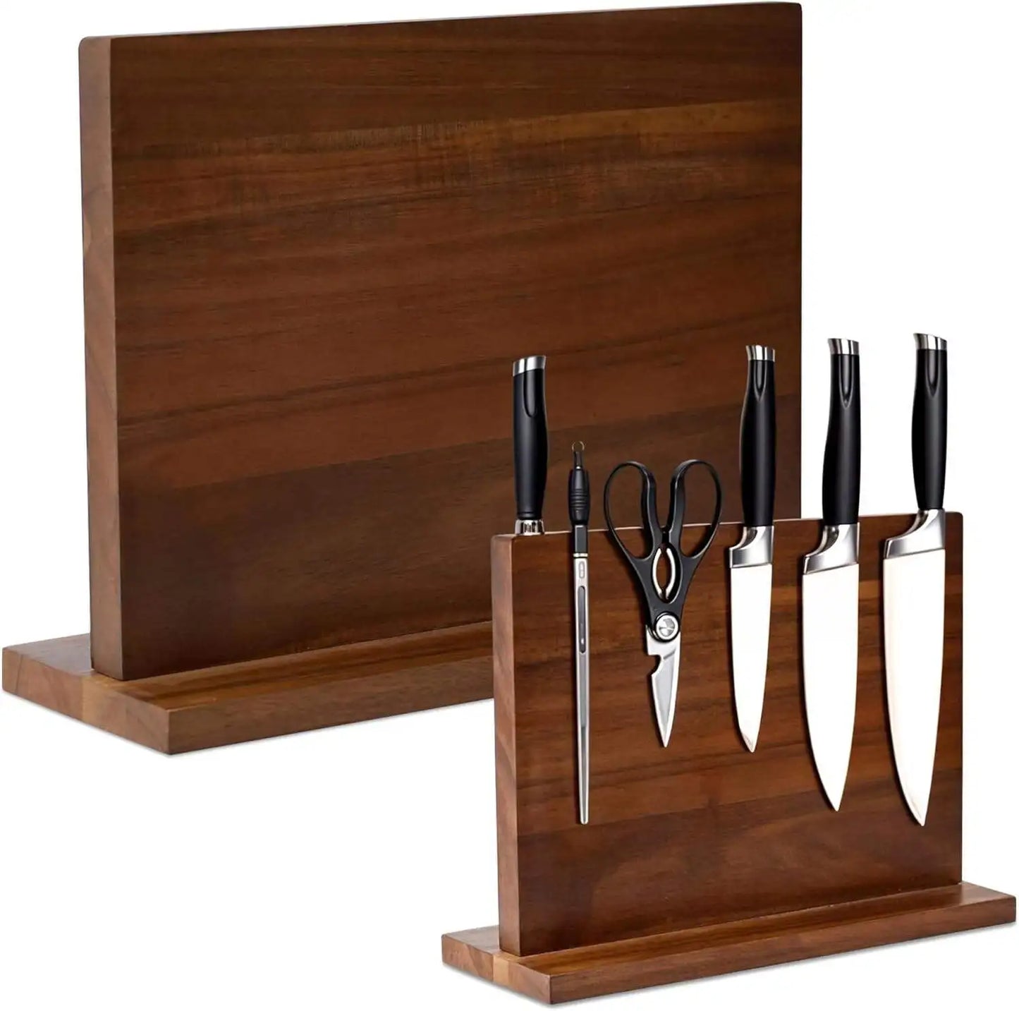 High Quality Acacia Wood Magnetic Knife Block Storage Organizer with Roll Bag Home Kitchen Metal Holder Set