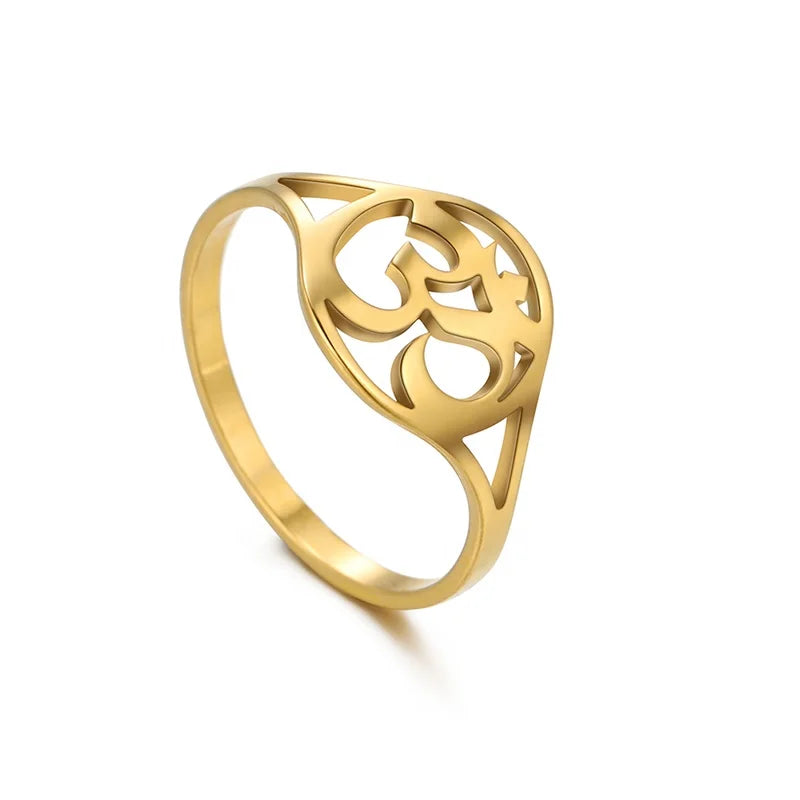 Buddhism Indian Yoga Om Symbol Men's Ring 18K Gold Plated Stainless Steel Fashion Jewelry Rings