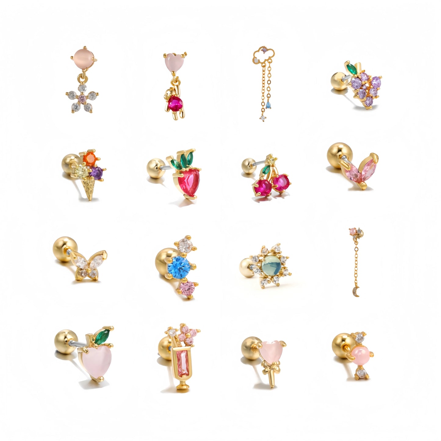 Women Puncture Twist Ball Ear Bone Stud 18k Gold Brass Earrings Exquisite Colorful Zircon Girl Cute Style Stud Earrings