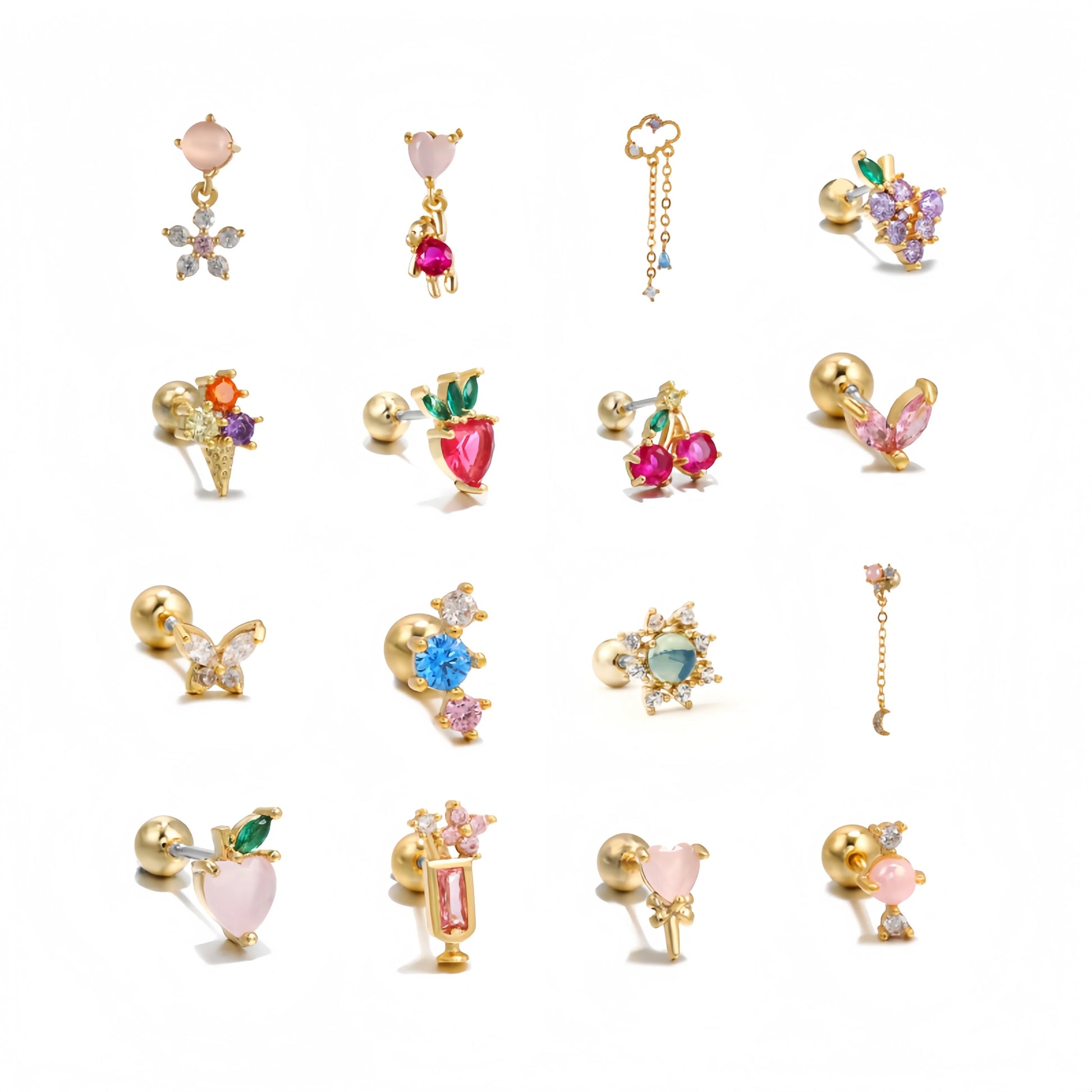 Women Puncture Twist Ball Ear Bone Stud 18k Gold Brass Earrings Exquisite Colorful Zircon Girl Cute Style Stud Earrings