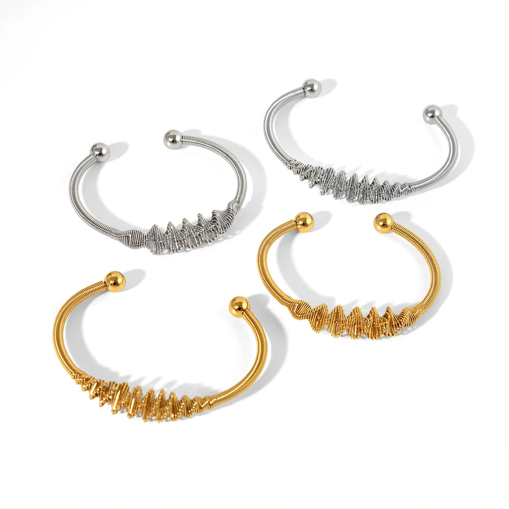 Vintage Stainless Steel 18K Gold Plated Non-Tarnish Spiral Twisted High Polished Cuff Spring Adjustable Bangles Bracelets