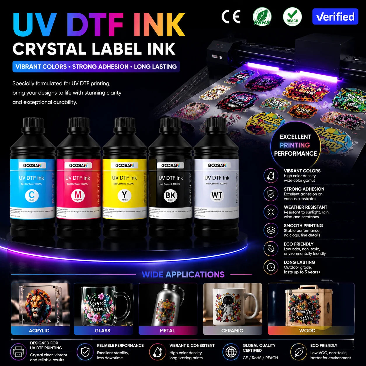 Goosam 1000ML Hard Neutral Cmykwv Uv DTF Ink for Epson Xp600 Tx800 I1600 I3200 DX4 Dx5 DX7 Dx10 Uv Printer Printhead