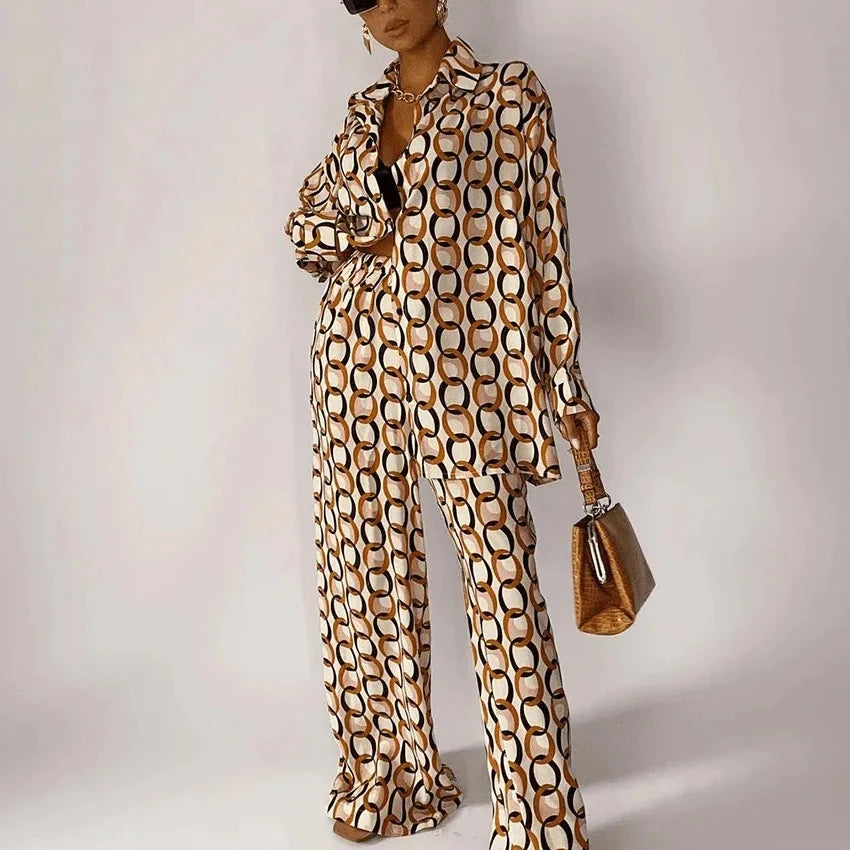 European and American New Fashion Women's Printed Loose Sleeved Shirt Straight Leg Pants Set