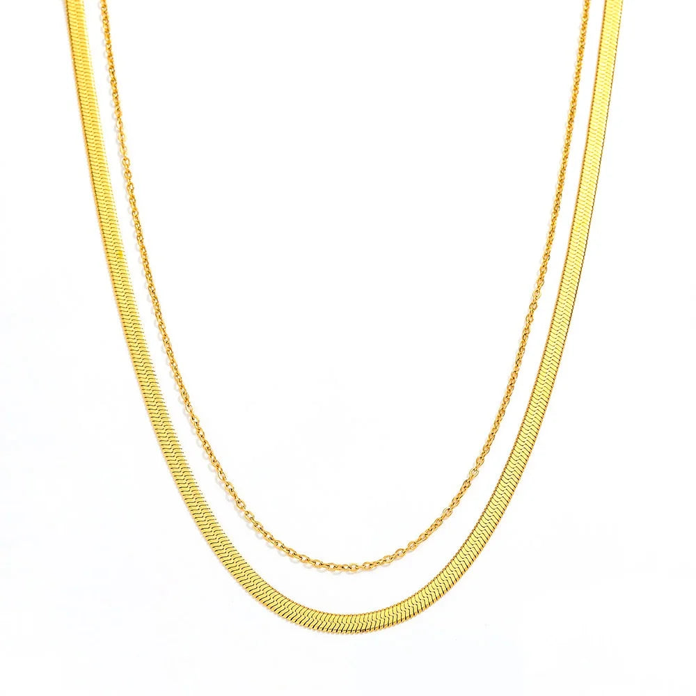 Fenny 18K PVD Plated Fashion Double Layers Herringbone Necklace Waterproof&Non Tarnish Stainless Steel Jewelry Wholesale