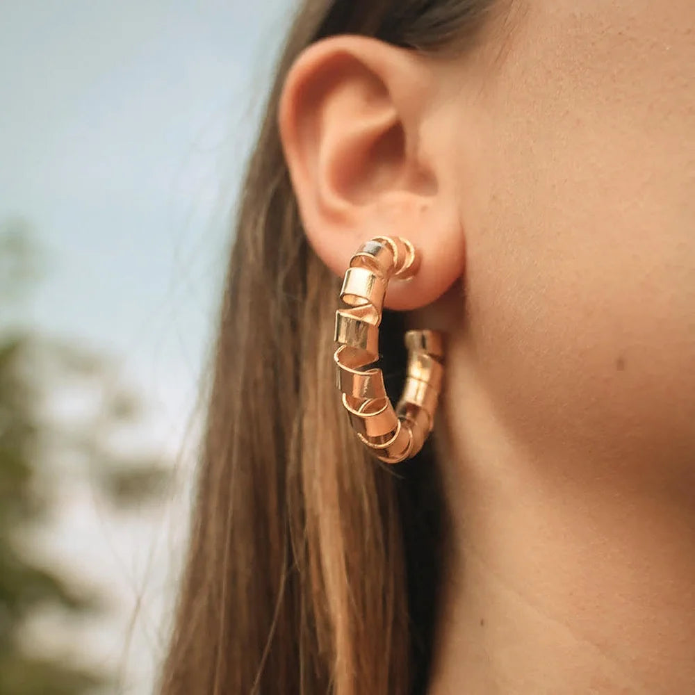 Europe and America Cool Style Exaggerated Earrings 18K Gold Stainless Steel Fried Dough Twist Earrings Women's Colorless Earr