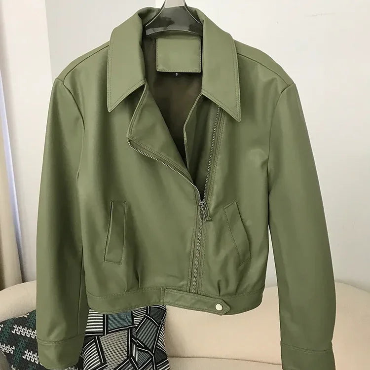 OFTBUY 2024 Women's Fashion Streetwear New Vintage Short Lapel Zipper Biker Coat Belt Thin Faux Leather Jacket for Spring