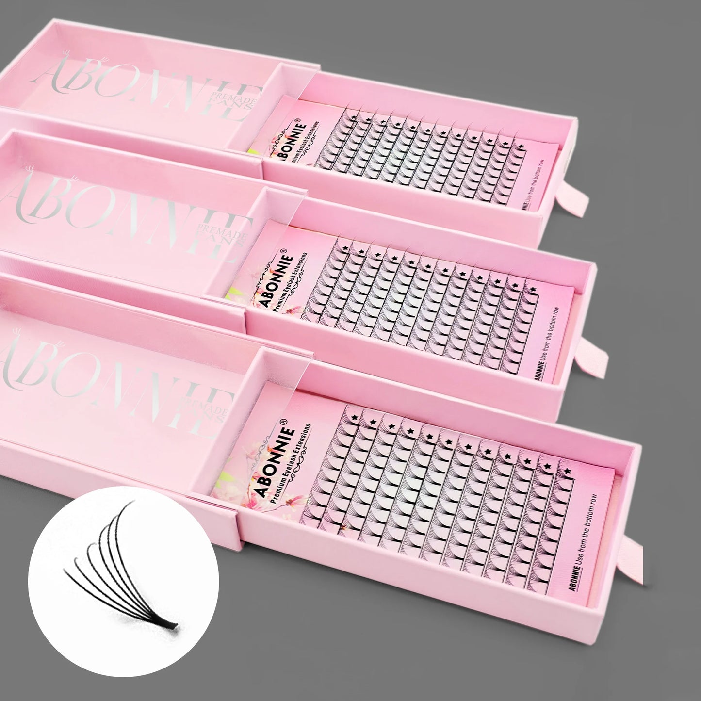 Abonnie Wholesale Ultra Dark Black Premade Volume Fans Short Stem Cashmere Lash Trays Pre Made Fans 6D 0.07mm Premade Lash Fa