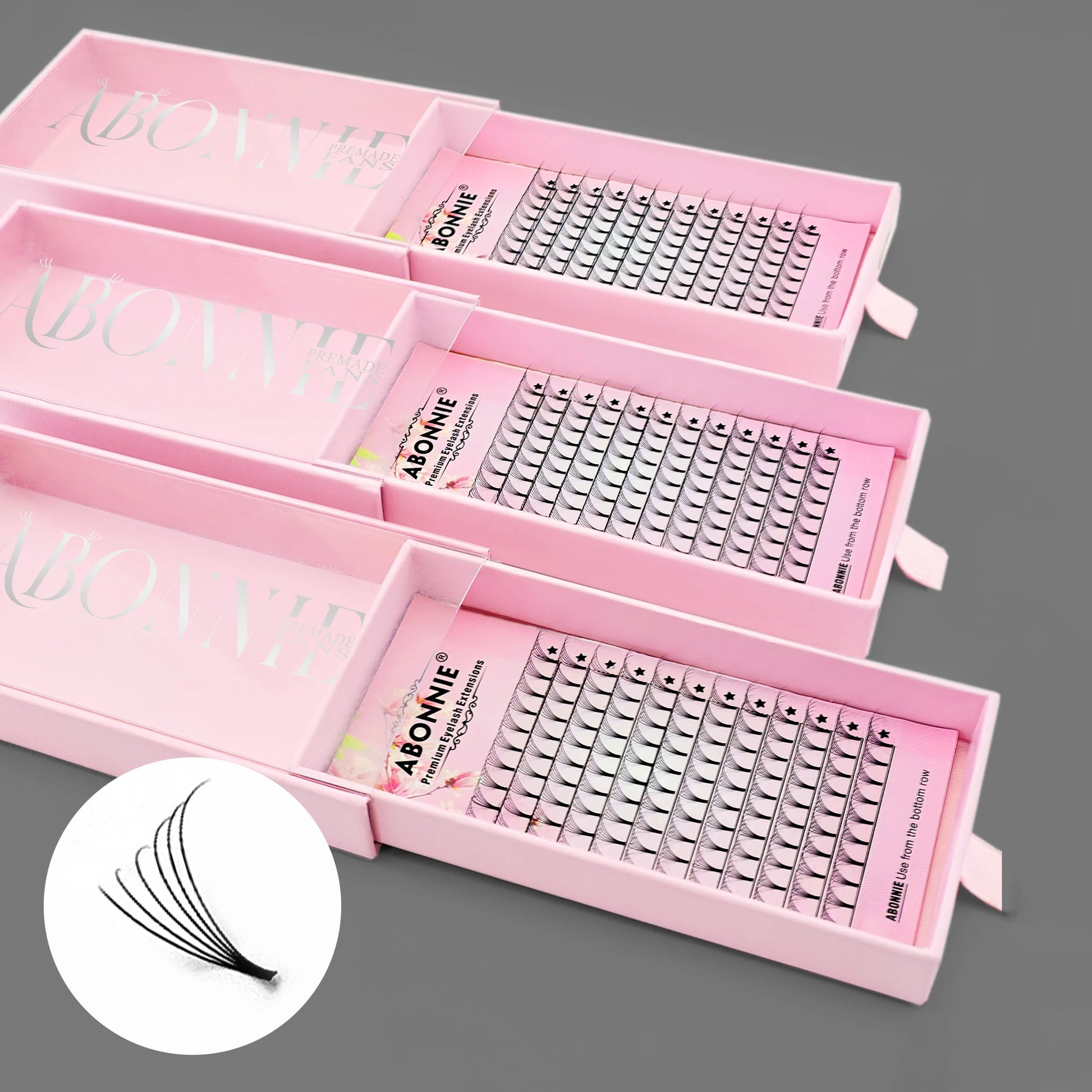 Abonnie Wholesale Ultra Dark Black Premade Volume Fans Short Stem Cashmere Lash Trays Pre Made Fans 6D 0.07mm Premade Lash Fa