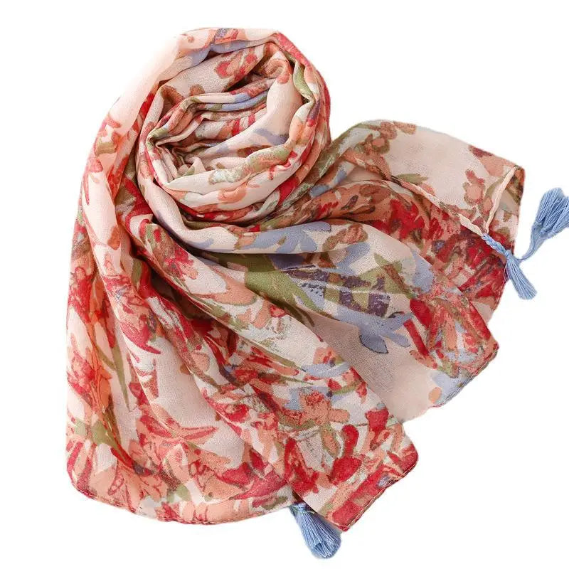 Women Fashion Floral Print Scarf with Tassels Soft Silk Feeling Viscose Cotton Shawls Hot Sale Jersey Hijab Head Scarf
