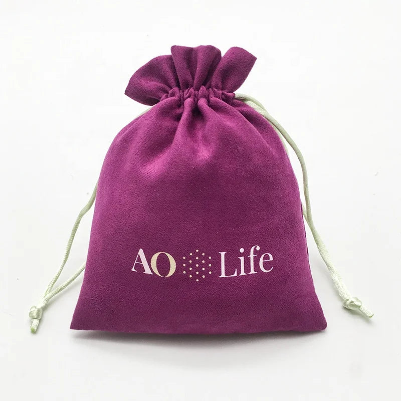 Custom Purple Logo Printed Gift Suede Velvet Drawstring Pouch Bag Cosmetic Pouch