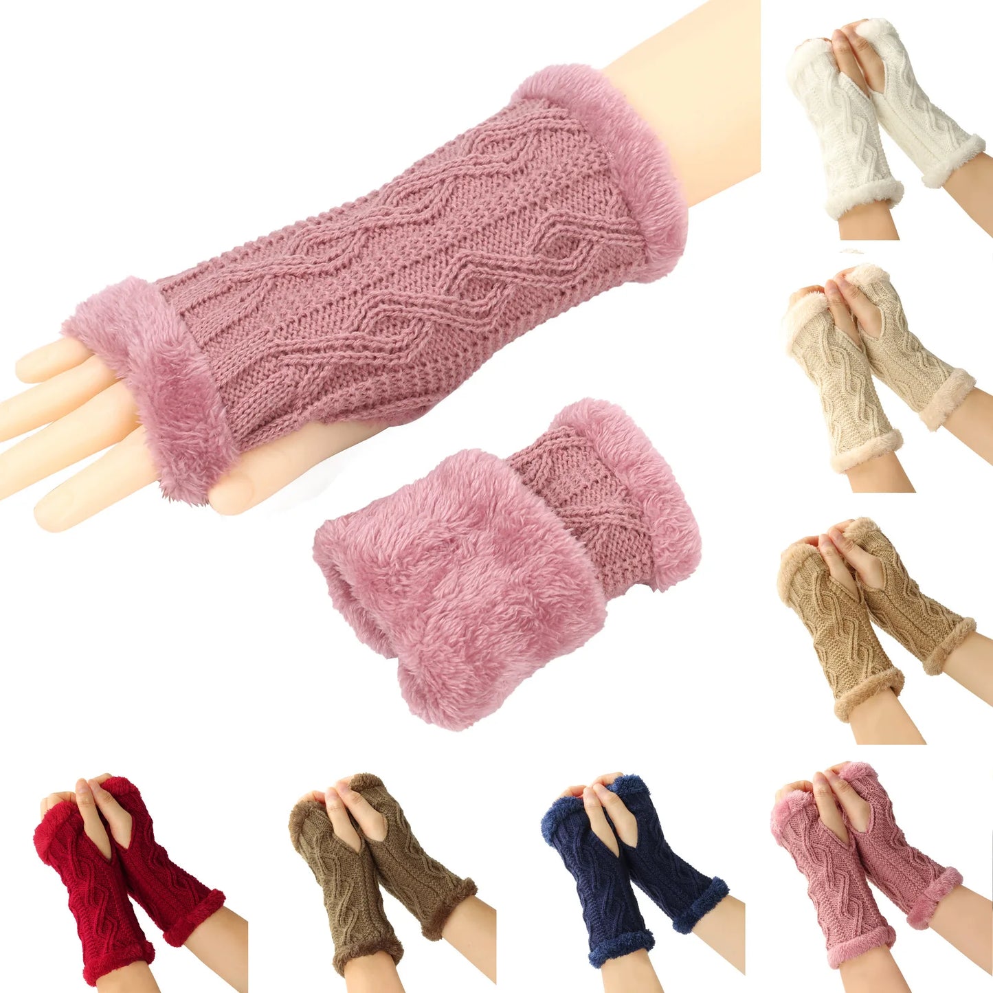 Women's Winter Solid Cable Acrylic Fingerless Gloves Hand Crochet Thumbhole Fuzzy Lined Knit Wrist Warmer Mittens Sports Dail