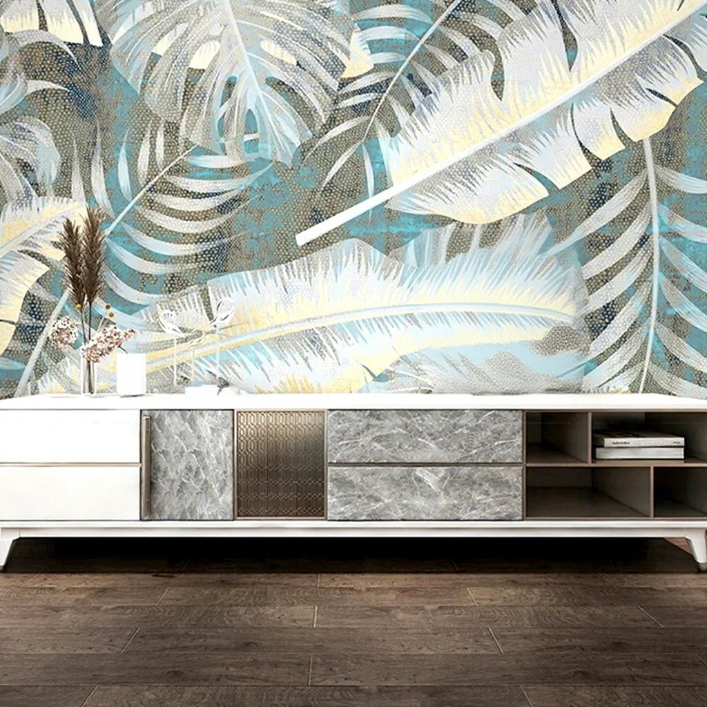 Modern Minimalist Plants Adhesive Silk Waterproof Moisture-Proof 3D Wallpaper for Living Room and Administration Use