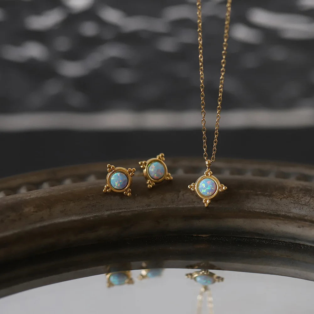 Fenny 18K PVD Plated Waterproof&No Fade Fashion Dainty Mini Dream Blue Opal Stone Pendant Necklace Stainless Steel Jewelry
