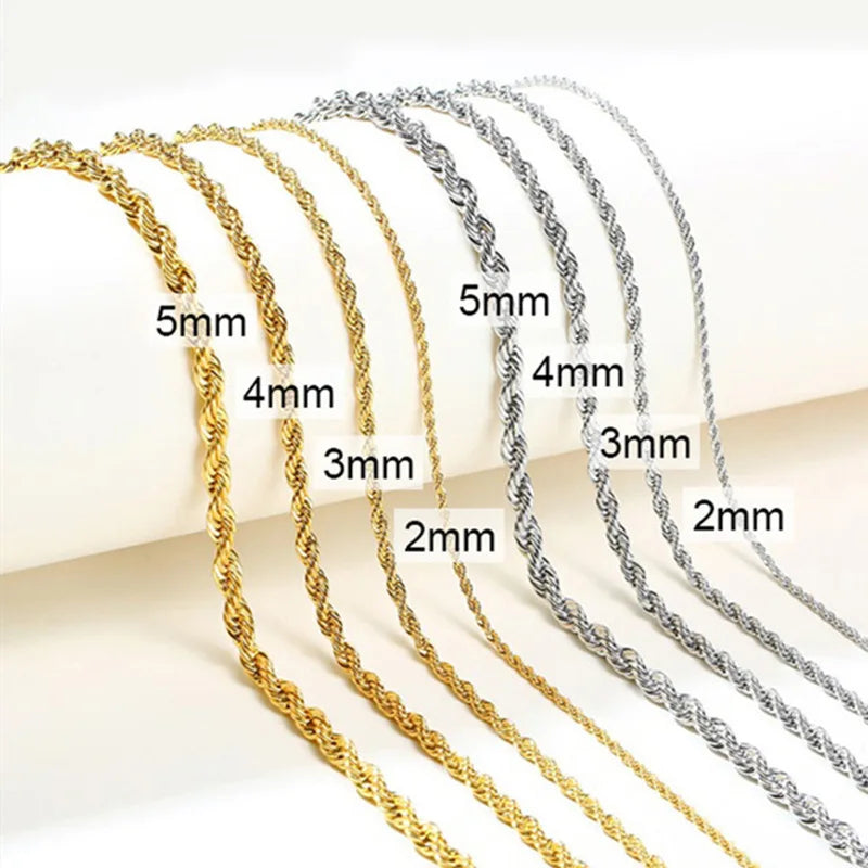 Vermeil Thin Rope Chain Necklace Twisted Rope Gold Stainless Steel Wholesale Custom 2mm 3mm 4mm 5mm Gold Plated Crystal Cresc