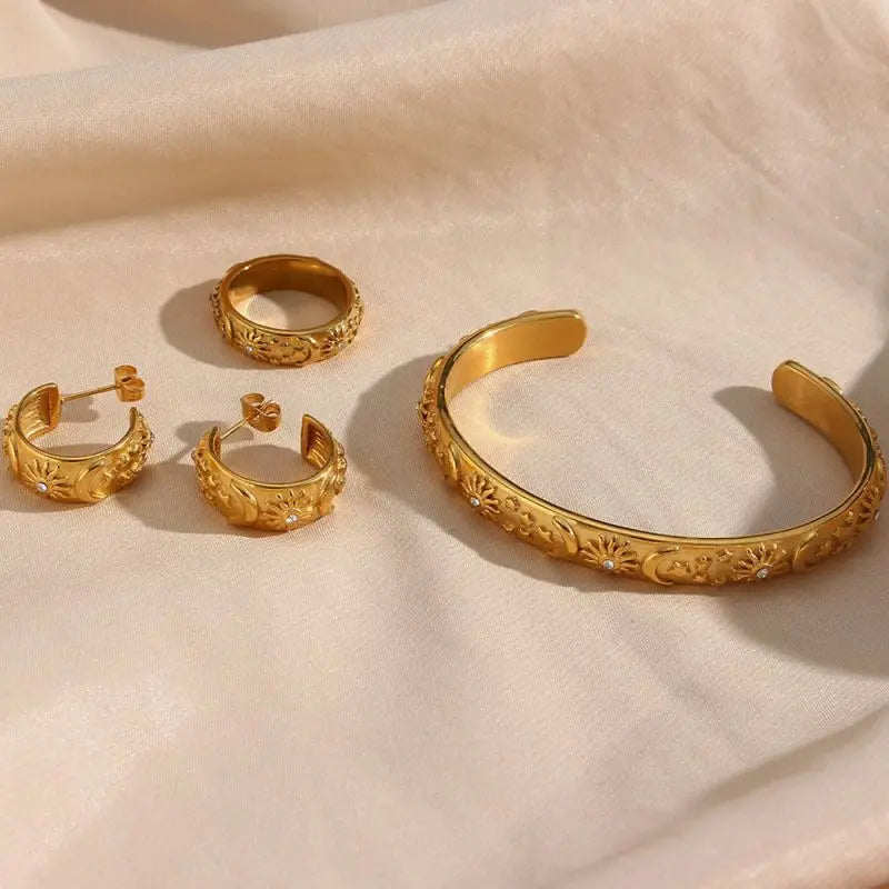 316L Stainless Steel Star Moon Celestial Cuff Bracelet Bangle Ring Set PVD Gold Plated for Women for Wedding Party-2024 Jewel