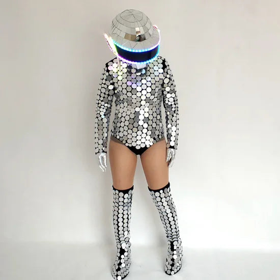 Support Customized New Performance Props Silver/gold Led Mirror Man Costume Suit Party Dress for Sale