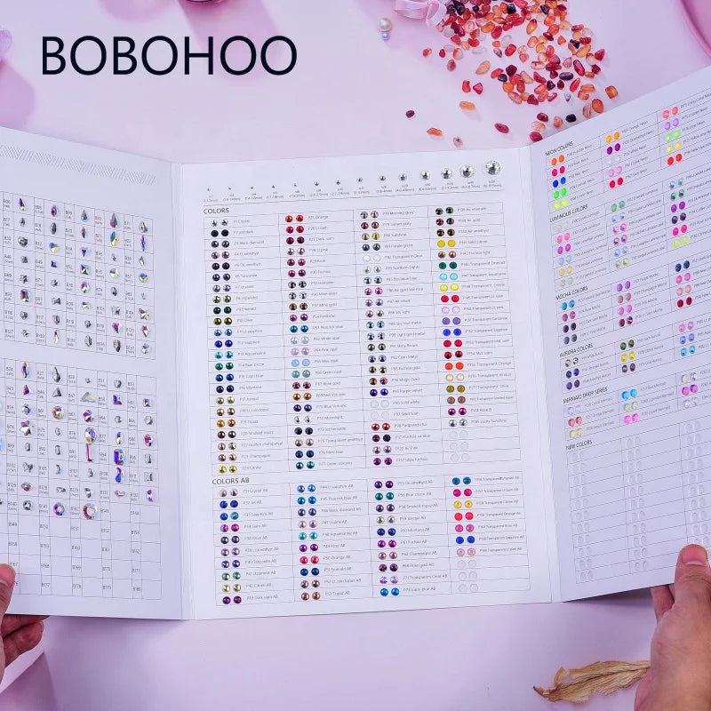 BOBOHOO Non Hot Fix Rhinestones Color Chart Nails Glass Rhinestones for Decorations Stones Crystals Flatback Art Over 400 Col