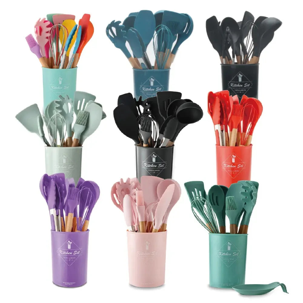 12 Pieces Set Kitchen Accessories Non-Stick Kitchenware Spatula Silicone Cooking Utensils Set With Wooden Handles